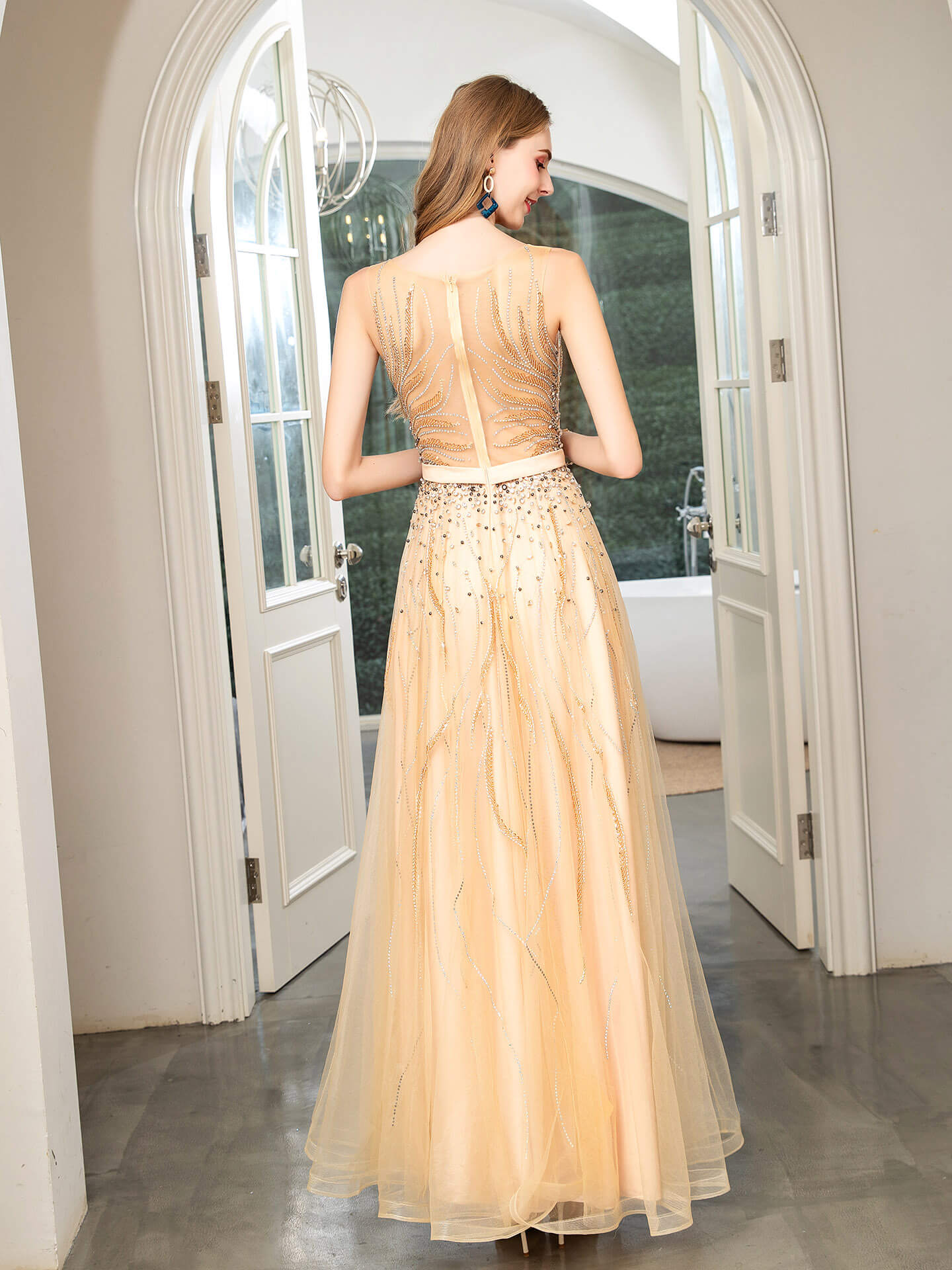 A-line Beaded Luxurious Sexy Formal Evening Dresses Sleeveless Floor Length Prom Dresses
