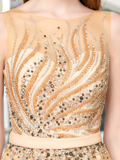 A-line Beaded Luxurious Sexy Formal Evening Dresses Sleeveless Floor Length Prom Dresses