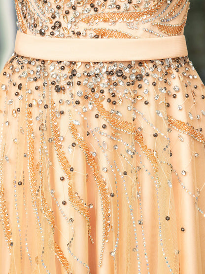 A-line Beaded Luxurious Sexy Formal Evening Dresses Sleeveless Floor Length Prom Dresses