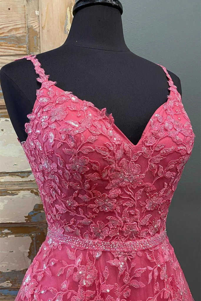 Vestido de fiesta largo de encaje rosa intenso con escote en V y cuentas, vestido de noche formal de graduación con encaje rosa intenso Y216