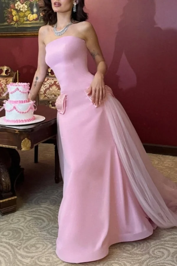 Süßes rosa trägerloses langes Ballkleid mit Schleife, Tüll-Satin-Abendkleid Y8053
