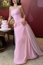 Süßes rosa trägerloses langes Ballkleid mit Schleife, Tüll-Satin-Abendkleid Y8053