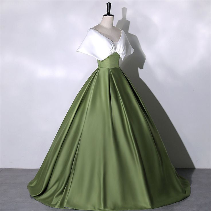 White+Green Satin Prom Dress Elegant Quinceanera Dress Floor Length Green Dress Evening Dress Girls Princess Dress Y4598