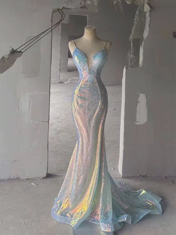 Vestidos de noche largos con tirantes finos y lentejuelas, corte sirena, escote en V y espalda descubierta, Y7804