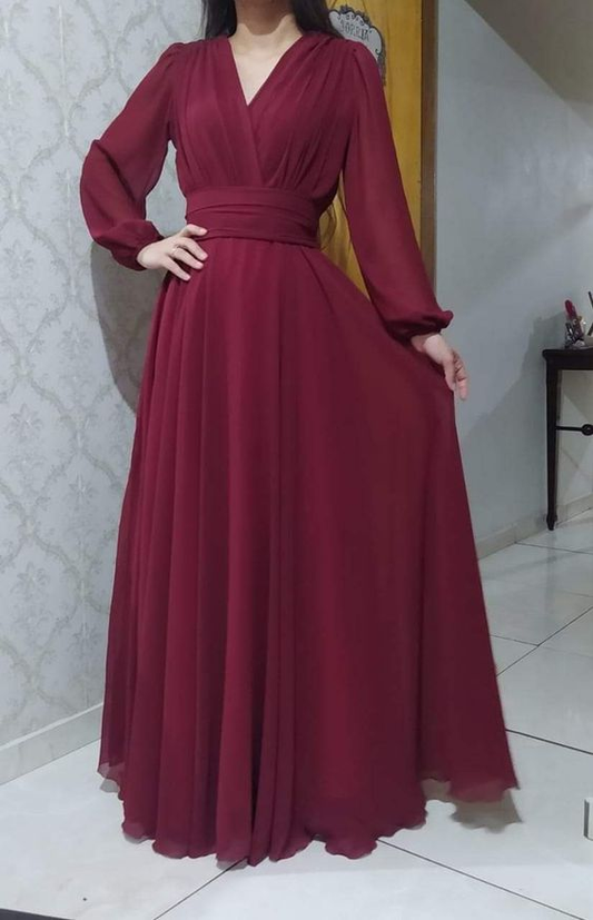 Elegante vestido de noche de corte A, color puro, escote en V, largo hasta el suelo Y5817