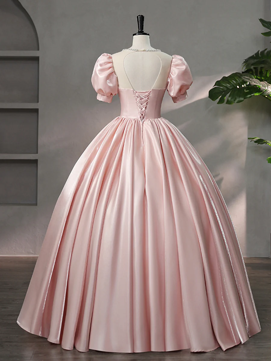 Hermoso vestido de fiesta de satén rosa con escote redondo, largo hasta el suelo, corte A, manga corta y lazo Y6082