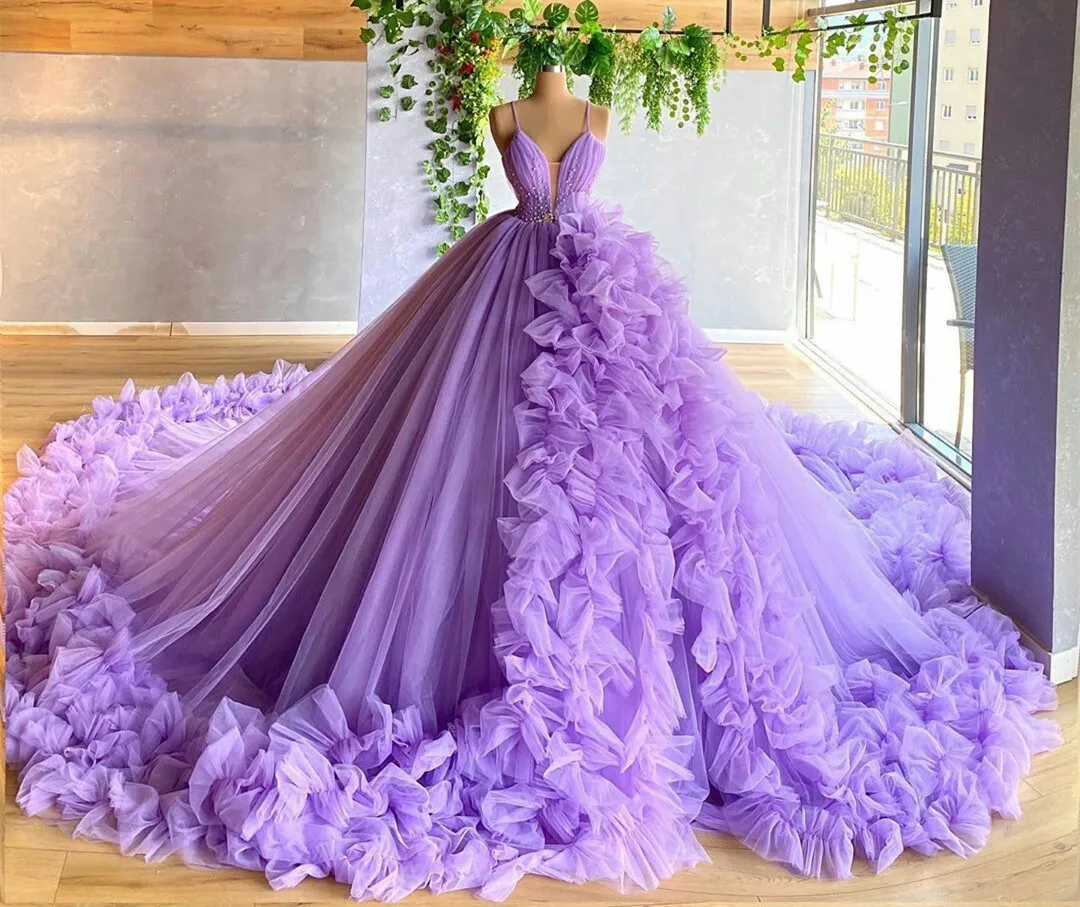 Vestido de fiesta morado de tul con escote en V y corte en A, vestido de princesa morado, vestido de hada Y6590