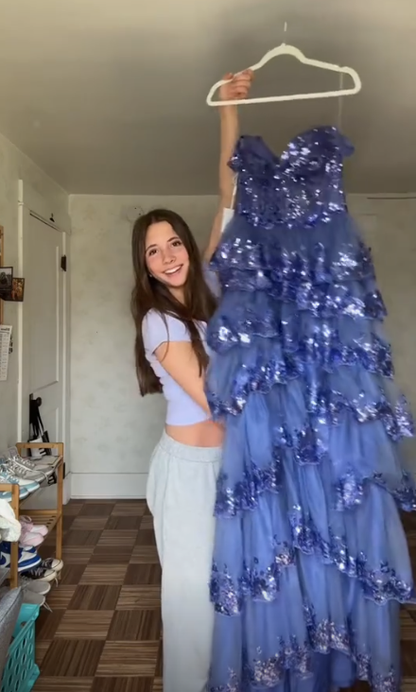 Funkelndes blaues Tüll-Pailletten-Abendkleid mit mehreren Lagen, formelles Ballkleid mit Schlitz, Y7961