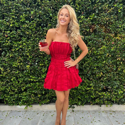 Trägerloses rotes Rüschen-A-Linien-Heimkehrkleid, Mini-Ballkleid Y8004