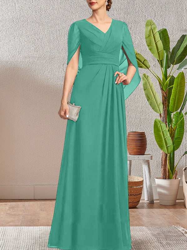 Vestido largo azul marino oscuro con escote en V y corte A para madre de la novia