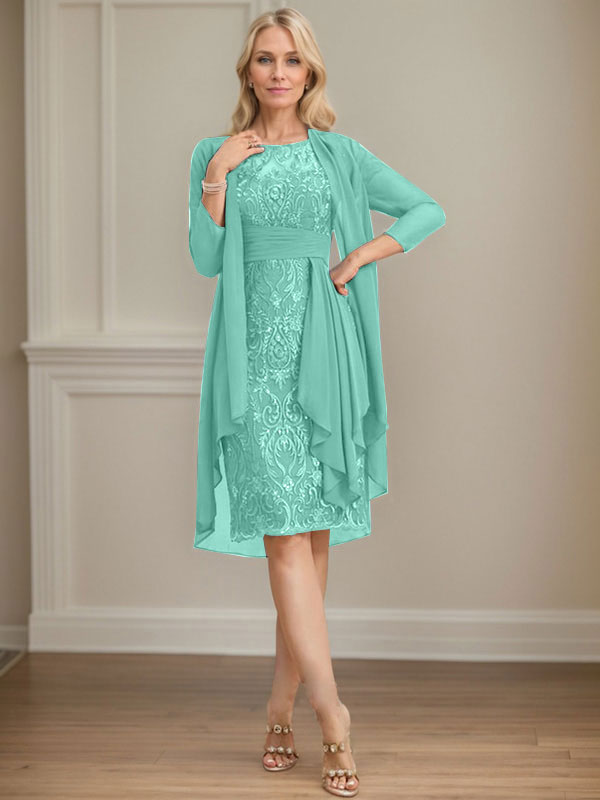 Vestido de madre de la novia de gasa con encaje, escote redondo, ilusión, largo hasta la rodilla, con volantes en cascada y lentejuelas
