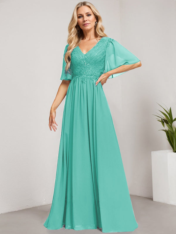 Vestido de madre de la novia de gasa con encaje, escote en V y lentejuelas, largo hasta el suelo