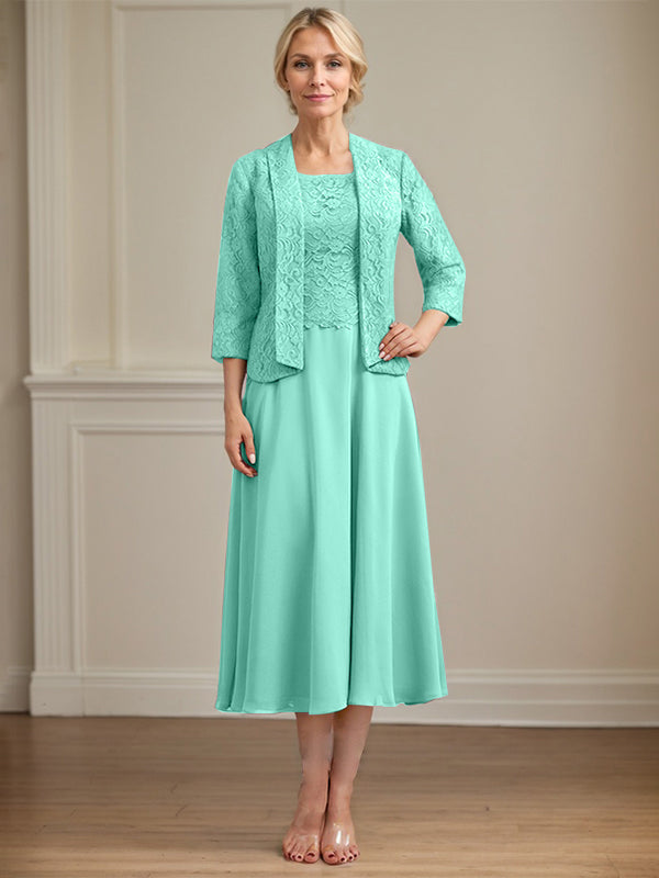 A-line Scoop Tea-Length Lace Chiffon Mother of the Bride Dress