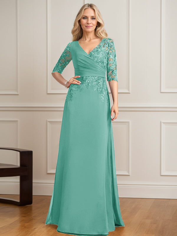 Vestido de madre de la novia de gasa con encaje, escote en V y lentejuelas plisadas hasta el suelo