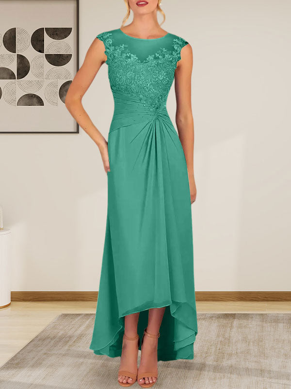 Vestido de gasa con encaje y escote redondo en forma de A color champán