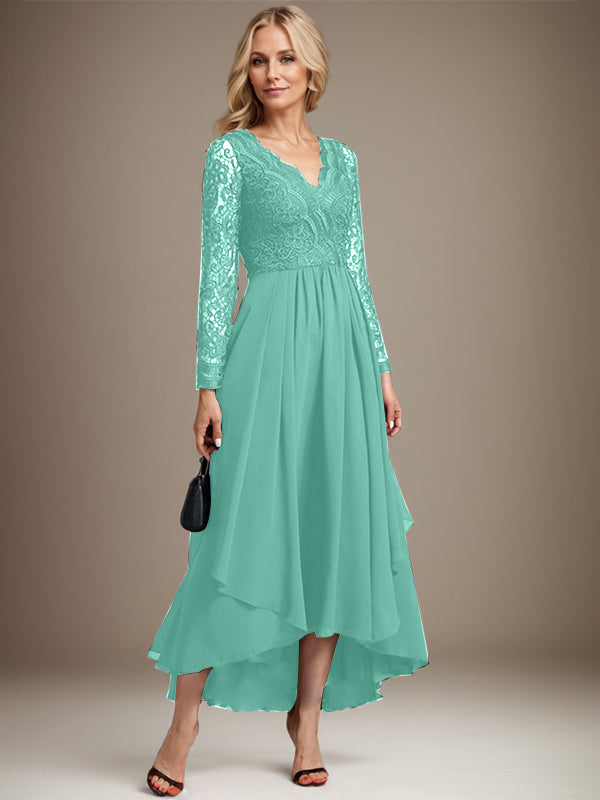 Vestido de madre de la novia de gasa con encaje asimétrico, escote en V y corte A