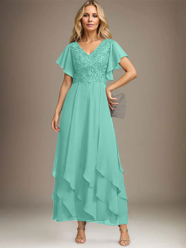 Vestido de gasa con encaje y escote en V hasta los tobillos para madre de la novia con volantes en cascada