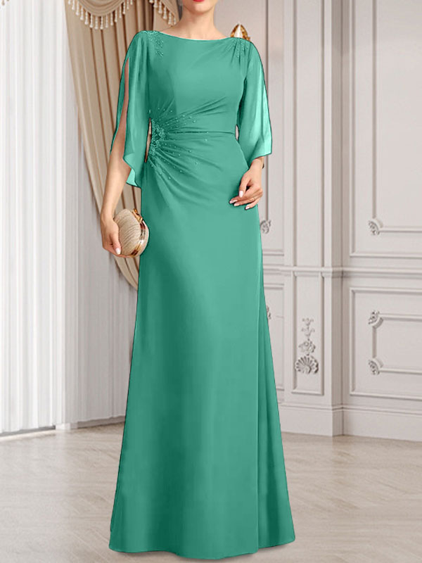 Vestido de gasa para madre de la novia con corte tubo/columna, escote redondo y largo hasta el suelo, con cuentas plisadas