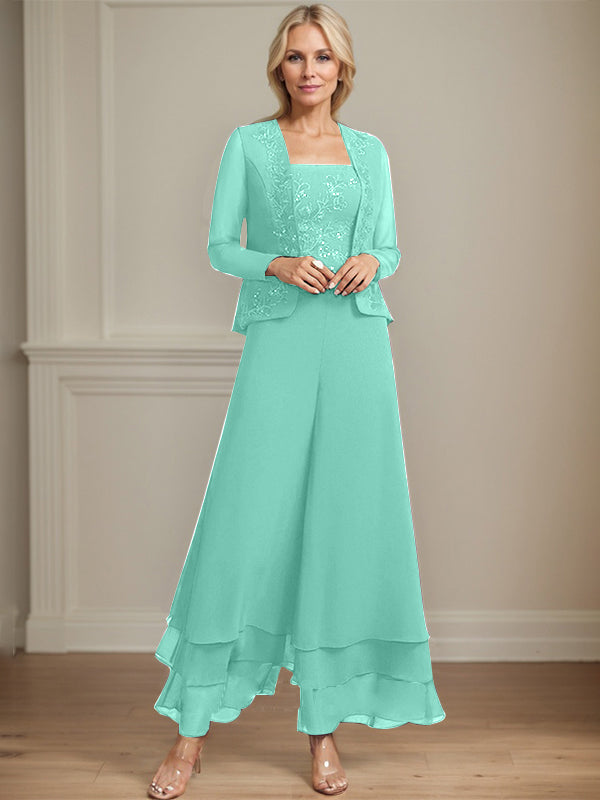 Separates Jumpsuit/Hosenanzug Quadratisches Knöchellanges Spitzenchiffonkleid für die Brautmutter mit Pailletten 