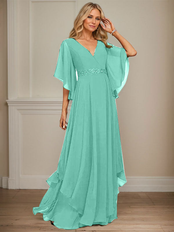 Vestido de gasa para madre de la novia, corte A, escote en V, largo hasta el suelo, con apliques de lentejuelas, encaje y abalorios