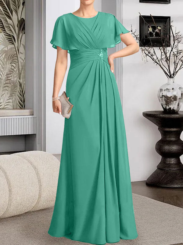 Vestido de gasa para madre de la novia con corte en A, escote redondo y largo hasta el suelo, con cuentas plisadas