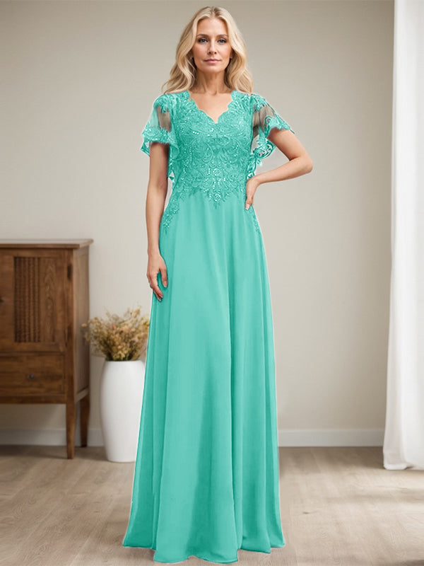 Vestido de madre de la novia de gasa con encaje, escote en V y lentejuelas, largo hasta el suelo