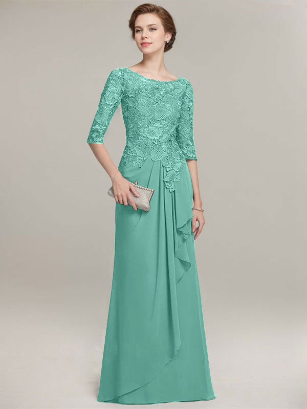 Vestido de gasa con encaje, corte A, escote ilusión, largo hasta el suelo, para madre de la novia con volantes en cascada