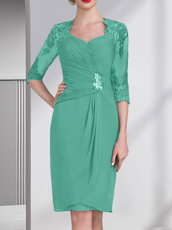 Vestido de gasa para madre de la novia con escote corazón, largo hasta la rodilla, con apliques de cuentas, encaje y lentejuelas plisado.