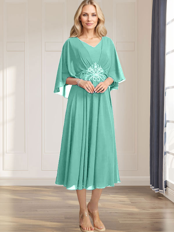A-Linie V-Ausschnitt Wadenlanges Chiffonkleid für die Brautmutter mit plissierten Paillettenapplikationen Spitzenbesatz 