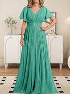 Vestido de gasa para madre de la novia, corte A, escote en V, largo hasta el suelo, con broche de cristal y plisado