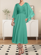 A-Linie V-Ausschnitt Wadenlanges Chiffon-Spitzenkleid für die Brautmutter mit Perlen und Pailletten