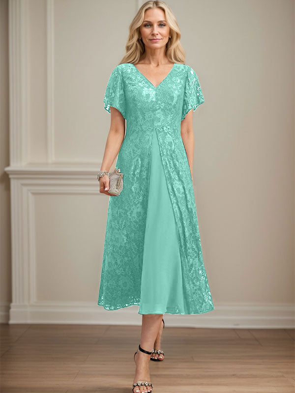 Vestido de gasa con encaje y escote en V para madre de la novia, largo hasta la rodilla