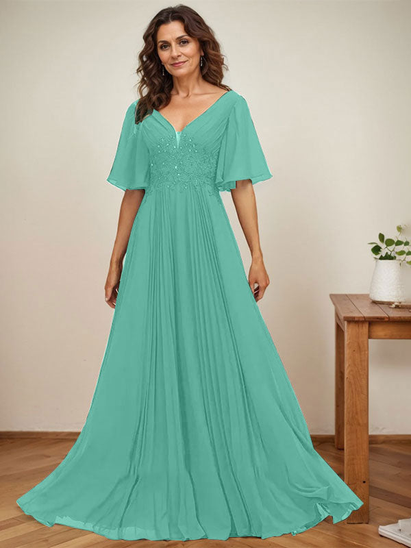 Vestido de gasa para madre de la novia, corte A, escote en V, largo hasta el suelo, con apliques de lentejuelas y encaje plisado