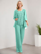 Vestido de madre de la novia de gasa con encaje, largo hasta el suelo, con lentejuelas y mono/pantalón separado