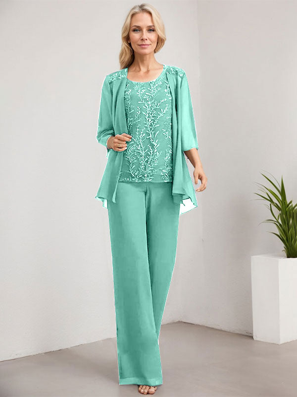 Vestido de madre de la novia de gasa con encaje, largo hasta el suelo, con lentejuelas y mono/pantalón separado