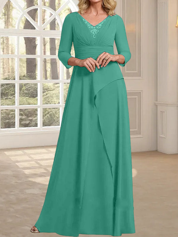 Vestido de gasa para madre de la novia con escote en V, largo hasta el suelo, con pliegues y cuentas