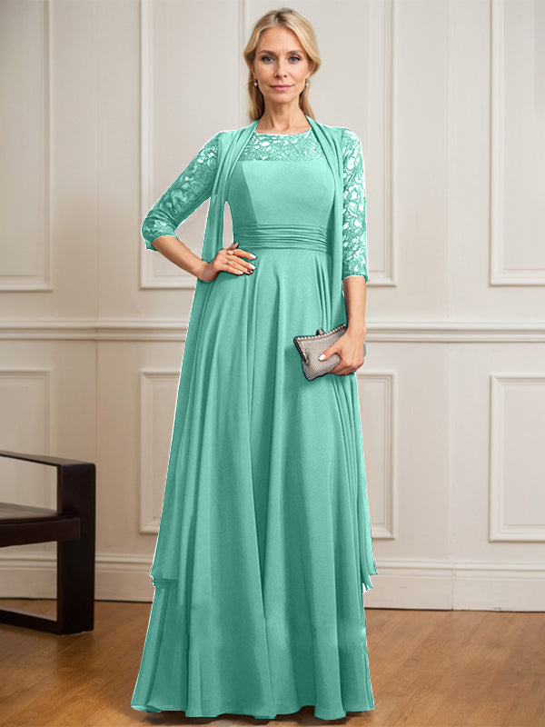 Vestido de gasa de encaje con ilusión de corte A hasta el suelo para madre de la novia con pliegues