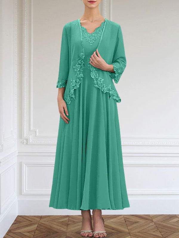 Vestido de gasa para madre de la novia, corte A, escote en V, largo hasta los tobillos, con apliques de lentejuelas, encaje y cuentas