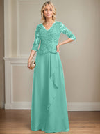 A-Linie V-Ausschnitt Bodenlanges Spitzen-Chiffon-Kleid für die Brautmutter mit kaskadierenden Rüschen und Pailletten 