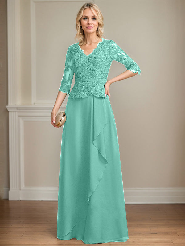 Vestido de madre de la novia de gasa con encaje, escote en V, largo hasta el suelo, con volantes en cascada y lentejuelas
