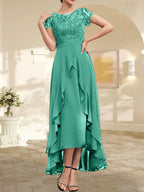 Vestido de madre de la novia de gasa asimétrica con escote en A, ilusión, encaje, lazo, volante y lentejuelas