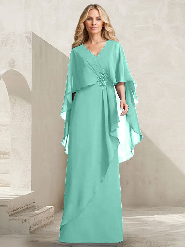 Vestido de gasa para madre de la novia con escote en V, corte A y largo hasta el suelo, con volantes en cascada y cuentas