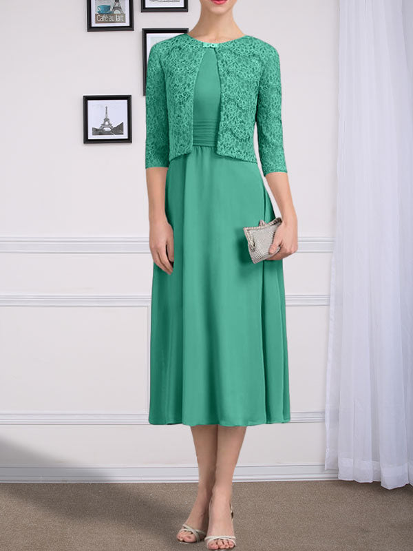 Vestido de gasa para madre de la novia con corte en A, escote redondo y largo hasta la rodilla con pliegues
