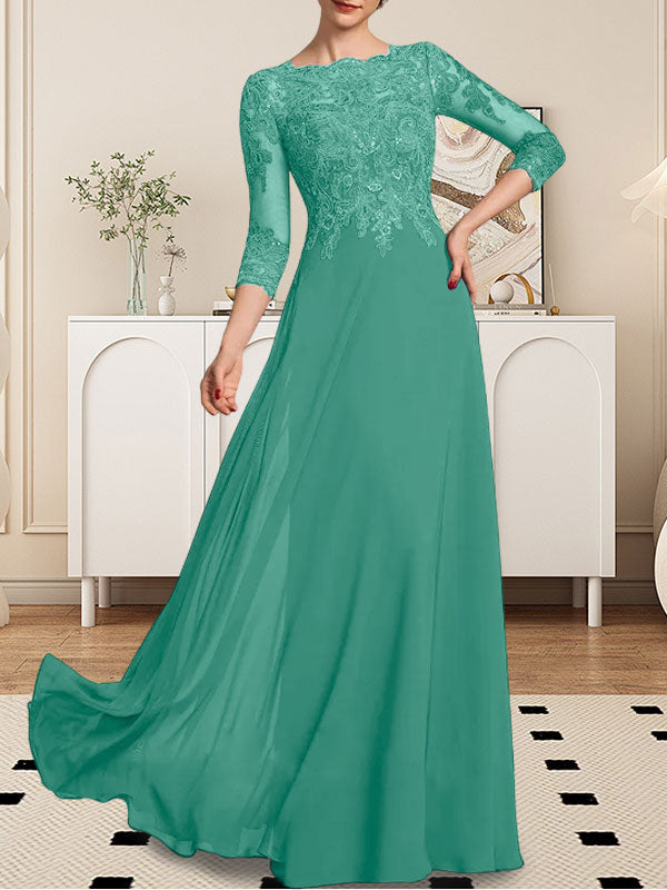 Vestido de gasa con encaje y lentejuelas para madre de la novia, corte A, largo hasta el suelo