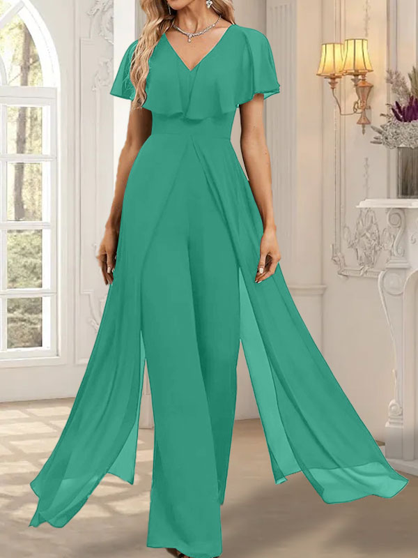 Vestido de noche de gasa con escote en V y largo hasta el suelo, tipo mono/pantalón