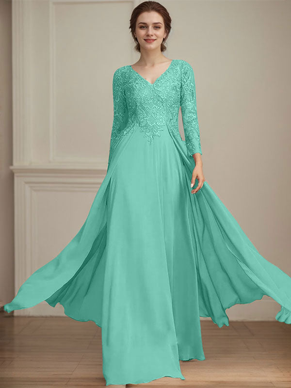 Vestido de madre de la novia de gasa con encaje, escote en V y lentejuelas, largo hasta el suelo
