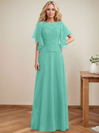 Vestido de gasa con encaje y lentejuelas para madre de la novia, corte A, escote ilusión, largo hasta el suelo