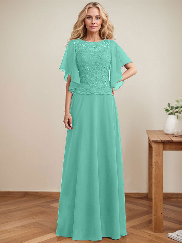 Vestido de gasa con encaje y lentejuelas para madre de la novia, corte A, escote ilusión, largo hasta el suelo