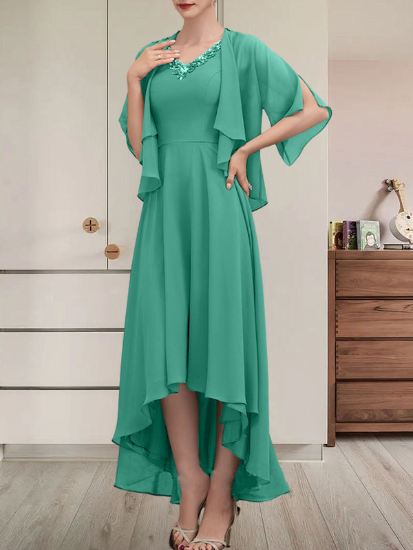 A-Linien-Kleid mit V-Ausschnitt, asymmetrischem Chiffon für die Brautmutter mit Perlen und Pailletten
