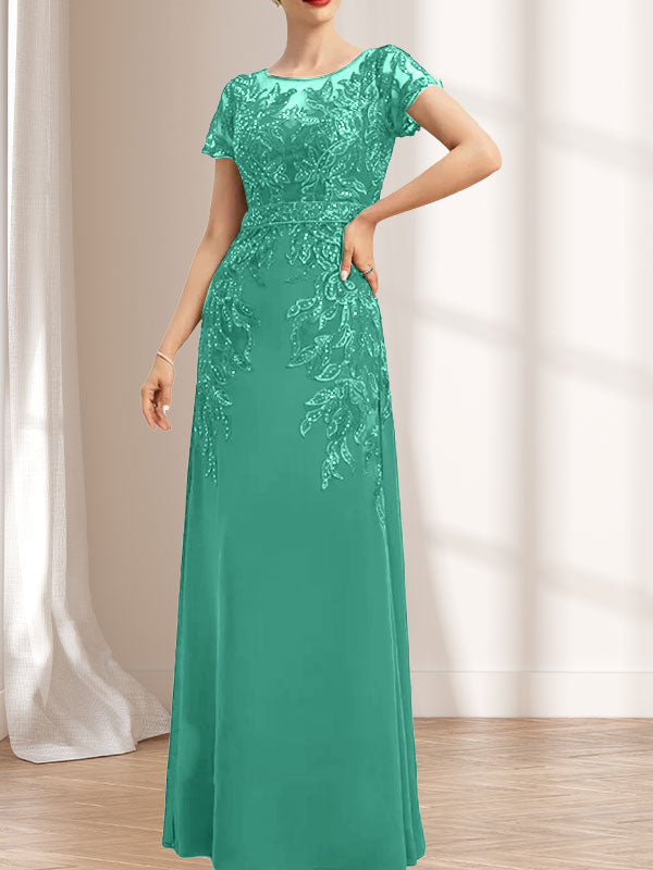 Vestido de madre de la novia de gasa con encaje, escote redondo, ilusión, largo hasta el suelo, con lentejuelas